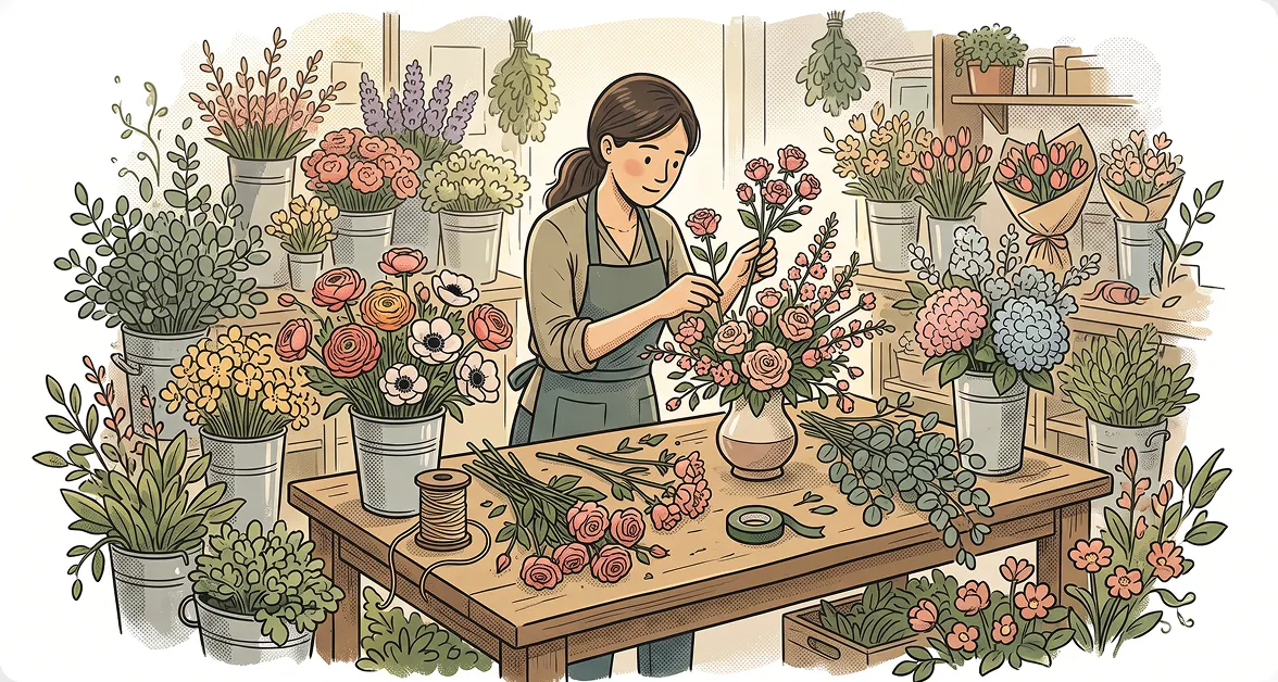 Illustrated scene of a florist assembling floral arrangements at a wooden workbench.