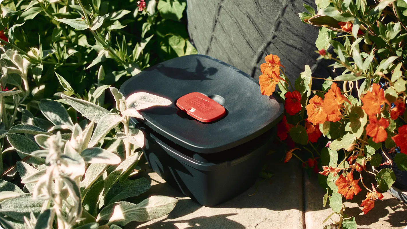 An Ortho Mosquito Kill & Prevent unit sits in the corner of a patio amongst some flowers and a garden planter