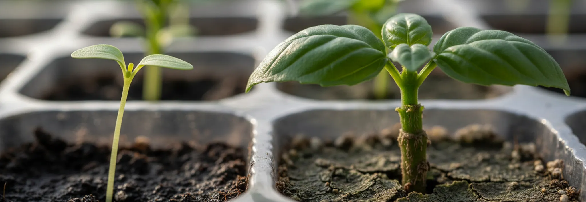 A young seedling growing outdoors in soil, with sunlight shining through its green leaves as wind gently sways its delicate stem.